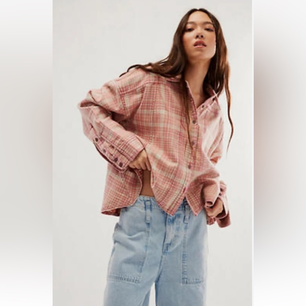 NEW Free People Pink Plaid Long Sleeve Button Down Shirt Top S - Picture 2 of 11